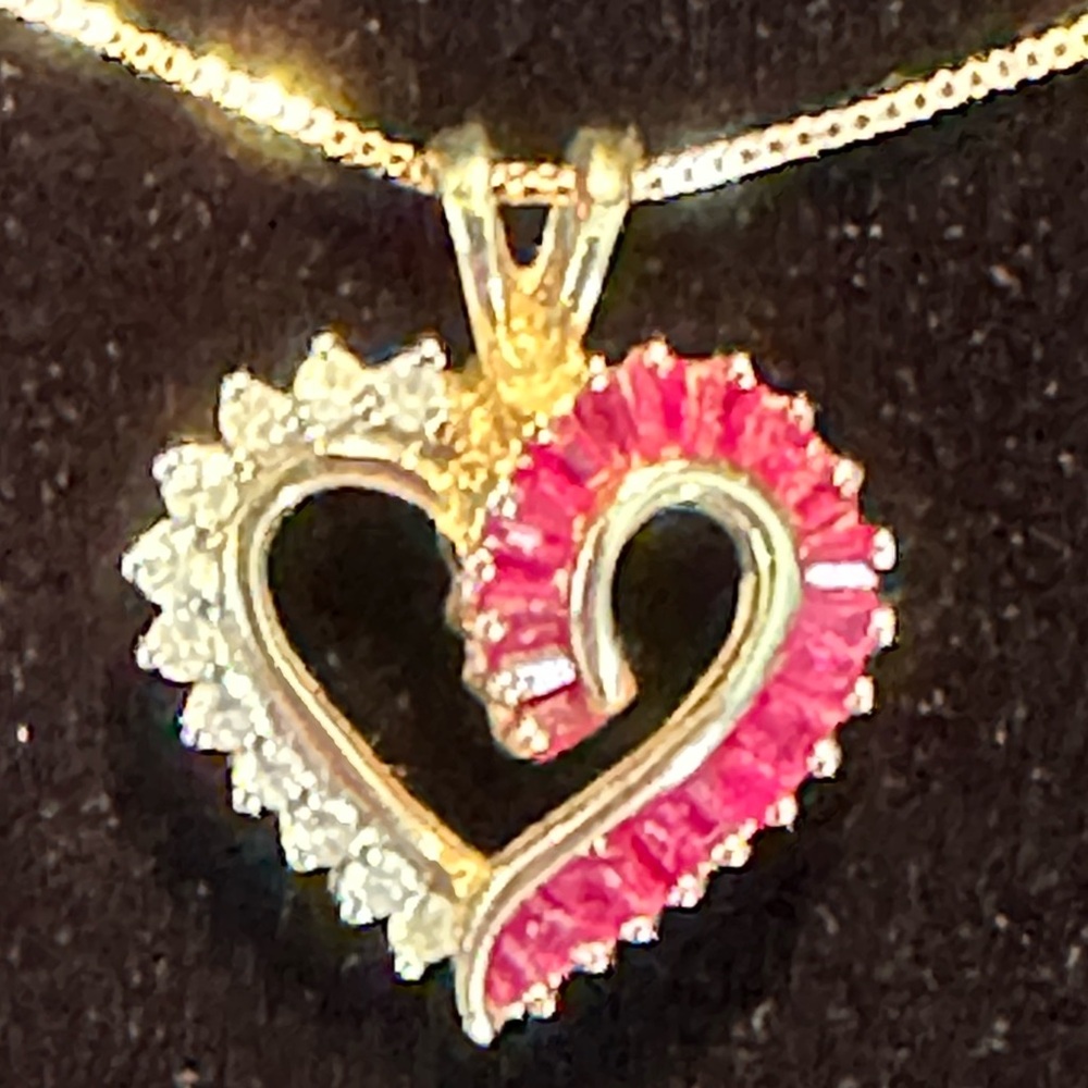 Gold Heart Pendant Necklace with ruby and White Stones
